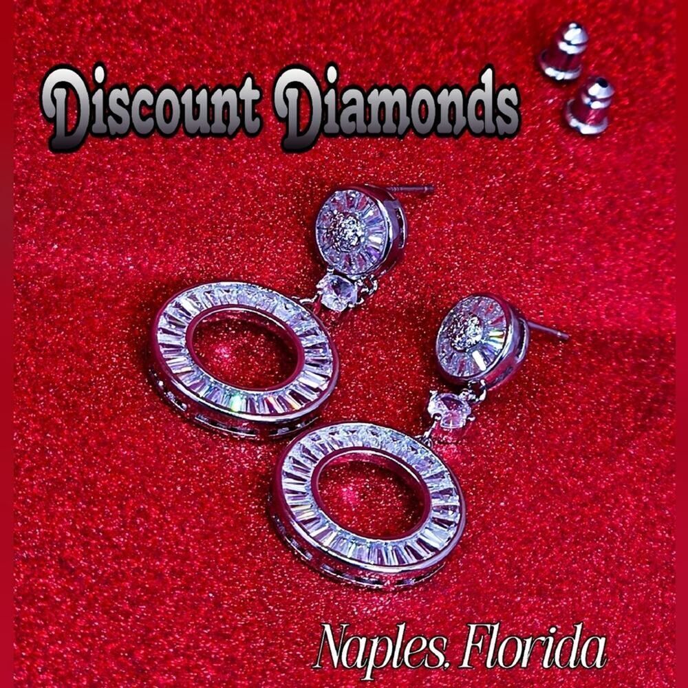 Baguette Diamond Dangle Earrilings Clear White on 925 Sterling Silver